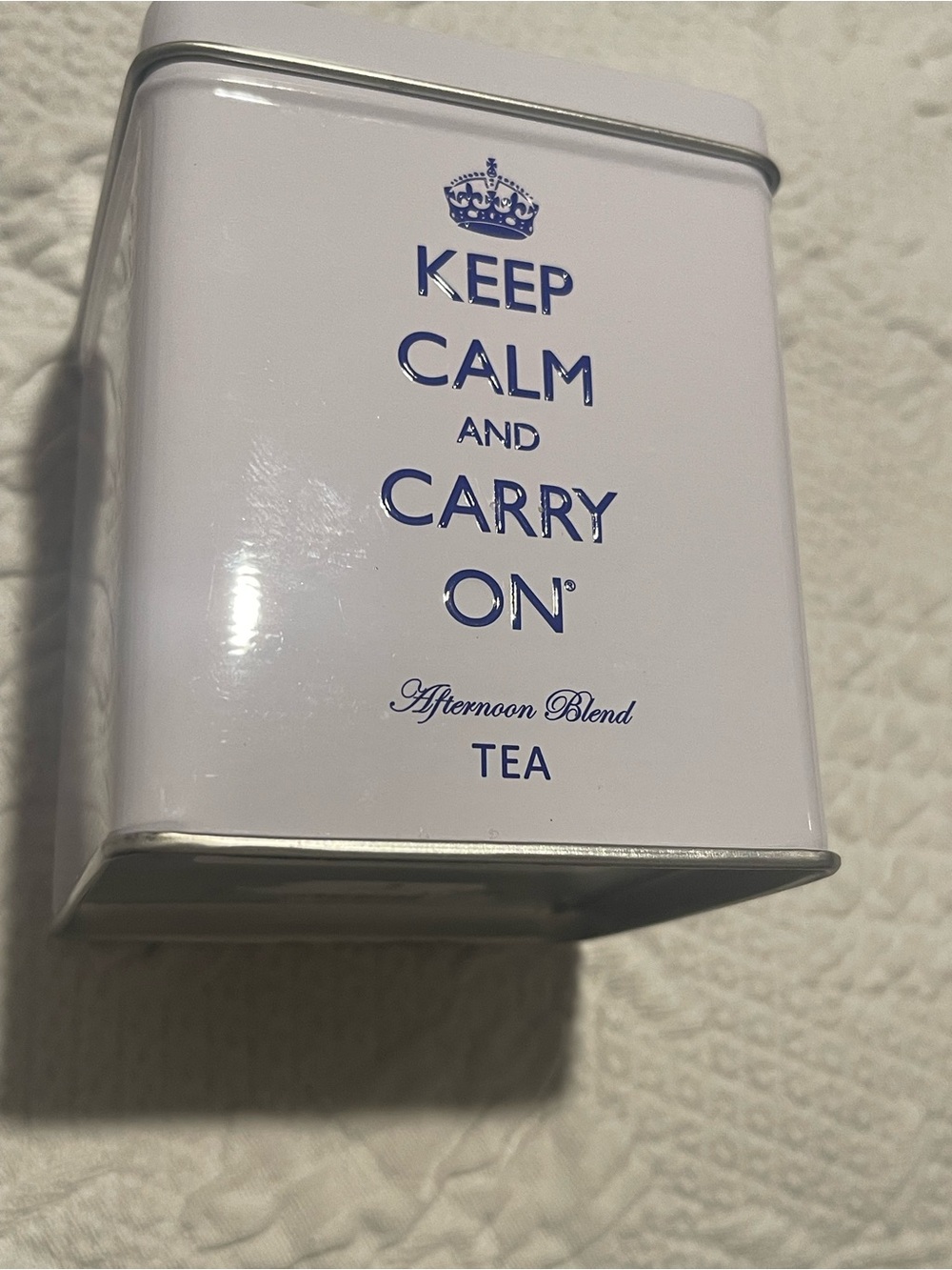 Keep Calm and Carry On White Tea Tin - Afternoon Blend Tin only 3.5” High 3x3 UK